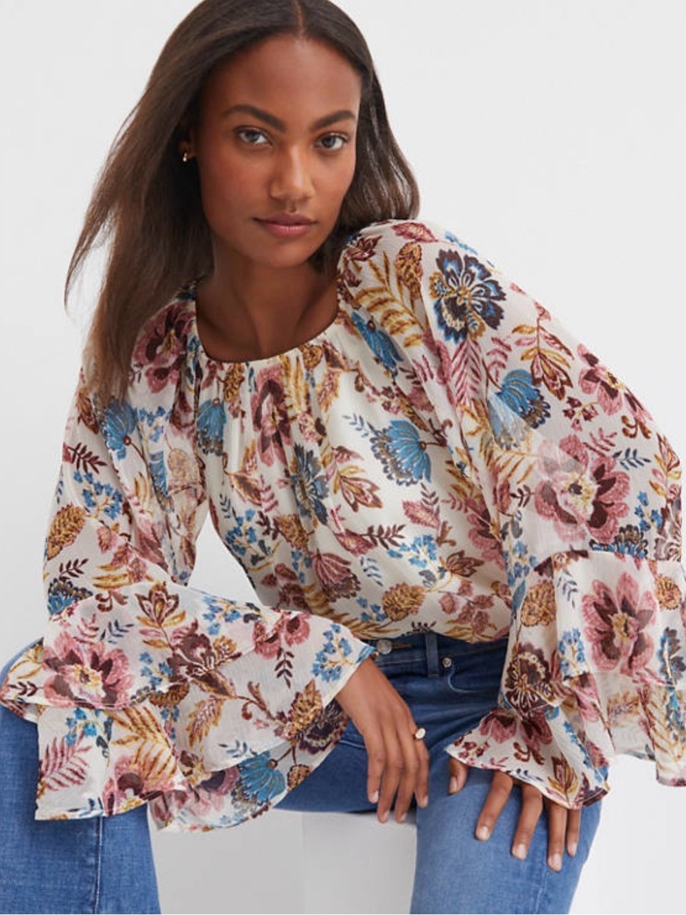 LOFT White Floral Peasant Blouse with Bell Sleeves